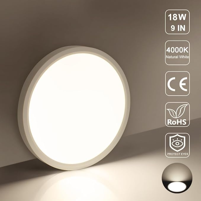 LightingWill 8.9 Inch LED Flush Mount Ceiling Light Fixture, 4000K Nurture White, 1800LM, 18W, Flat Modern Round Lighting Fixture, 180W Equivalent White Ceiling Lamp for Kitchens, Bedrooms.etc.