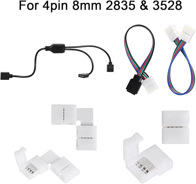 SUPERNIGHT 3528 2835 4 Pin 8mm LED Strip Connector, RGB Rope Lights Connector Kit, Gapless Solderless Clip, 32.8ft Extension Wire Cable, L Shape PCB (for 8mm Width Strip)