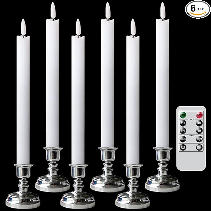 Wondise Flickering Taper Candles with Timer and Remote, 9 Inch Battery Operated 3D Wick Real Wax White Candles for Wedding Holday Christmas Decoration, Set of 6(D0.8 x H9.6 Inch)