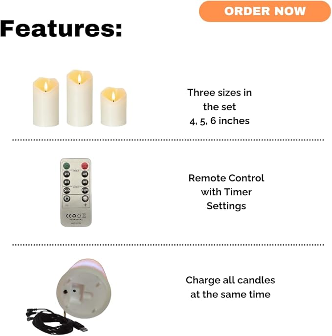 Rechargeable Flameless Candles Set of 3 | Real Wax LED Pillar Candles with Remote & Timer | Realistic Flickering Flame | Battery Operated | for Thanksgiving, Holiday, Halloween Decoration & Gift