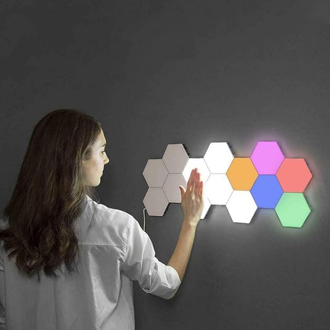 (12 Pack) LED Hexagon Lights RGB - Bright Colorful LED lamp Modular Touch Sensitive Lighting Hexagon Wall LED Light Kit, Changing Colors, Touchpad Switch, Magnetic & Reusable