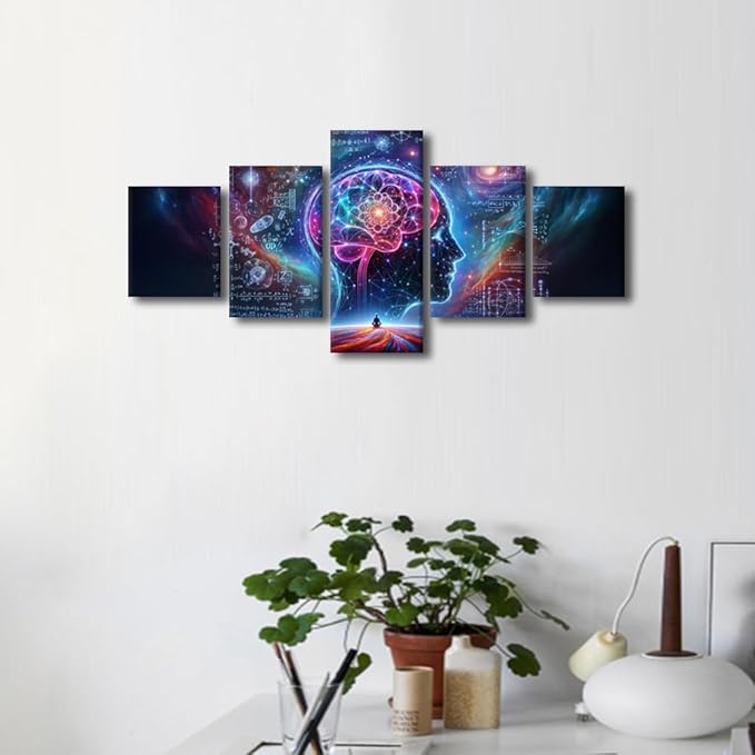 5 Panel Artificial Intelligence Wall Art Human Brain Surrounded by Data Canvas Painting Futuristic Technology Wall Posters for Bedroom Wall Decor AI Pictures for Living Room Wall Decoration 50"Wx24"H