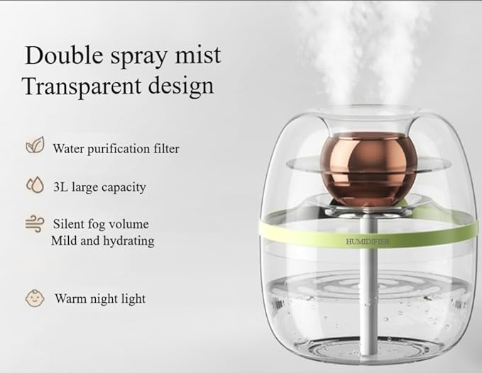105 oz (3000ml) Essential Oil Aromatherapy Diffuser, Transparent Dual Spray Large Capacity Humidifier with Night Light for Large Rooms, Office, Home, Spa, Yoga, Bedroom, Gym (Green)