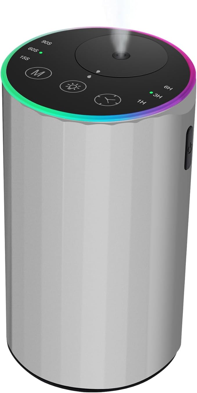 Waterless Essential Oil Diffuser, 7 Colors LED Light, Battery Powered Mini Scent Air Machine, Aromatherapy Mist Diffuser for Home Room Car Office，Black Aluminum Alloy (Silver)