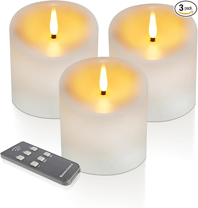 Outdoor Waterproof Flameless Candles with Timer, Remote Control Battery Operated Candles Flickering Last 600 Hours, 3"x3" Realistic Electric Fake LED Candles, Ivory Plastic, Set of 3