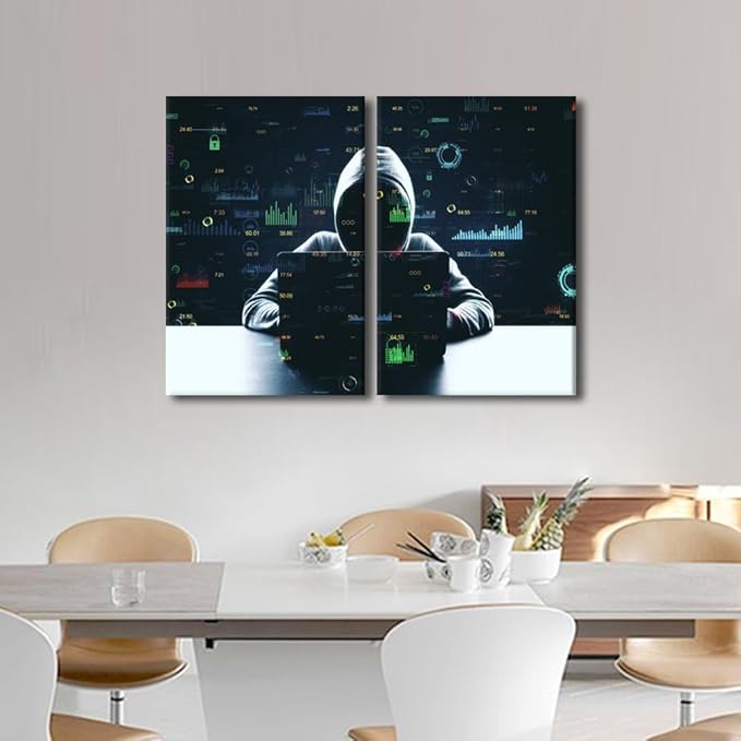 3 Pieces Hacker Malware Wall Art Poster on Canvas Framed Art Paintings Home Decor Big Data Modern Artwork Picture Giclee Print for Modern Home Framed Decoration, 24" Wx16 H