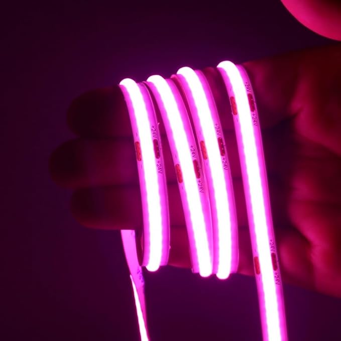 LED Strip Lights 24V COB LED Pink Super Bright LED16.4ft Dotless High Density 14W/m, 8mm Width Cuttable Flexible for Home DIY led Pink Commercial Decoration Projects (No Power Supply)