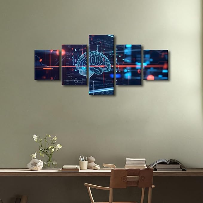 5 Panel Futuristic Technology Canvas Wall Art for Bedroom Framed Artwork for Walls Human Brain Paintings Canvas Wall Art Framed Artificial Intelligence Decor for Living Room House Decoration 50"Wx24"H