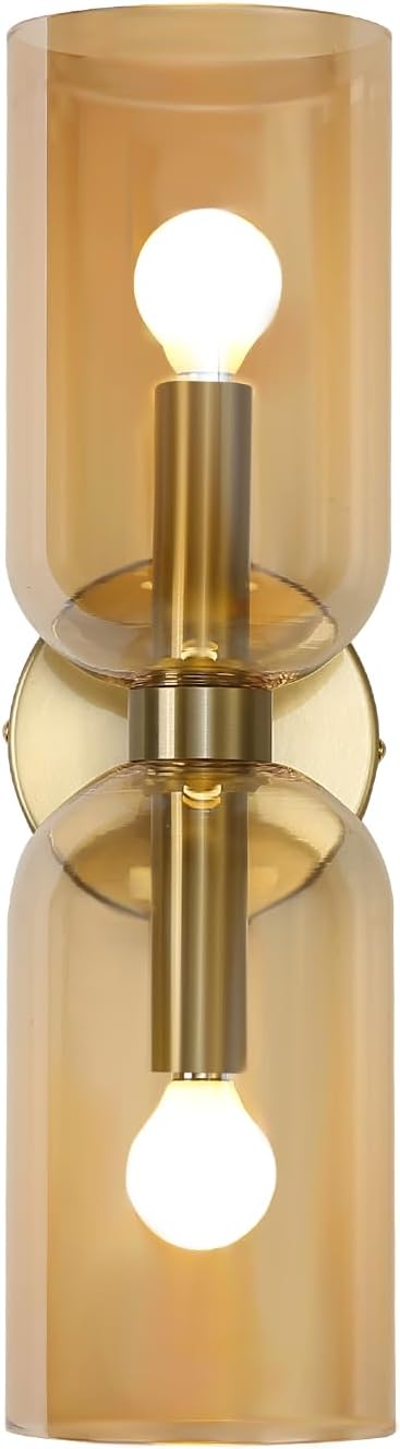 Minimalist 2-Light Gold Wall Sconces with Cylinder Glass Shades- Mid Century Vanity Wall Double Lights Hardwired- Modern Indoor Glass Wall Mounted Art Decor Lights (Amber, 1 Pack)