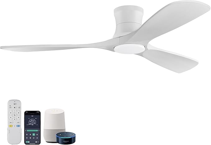 52in Smart Low Profile Ceiling Fans with Lights Remote,Quiet DC Motor,Outdoor Indoor Flush Mount Ceiling Fan,Control with WIFI Alexa App,Dimmable,6-speed,3 White Wood blades,for Modern Bedroom Patio