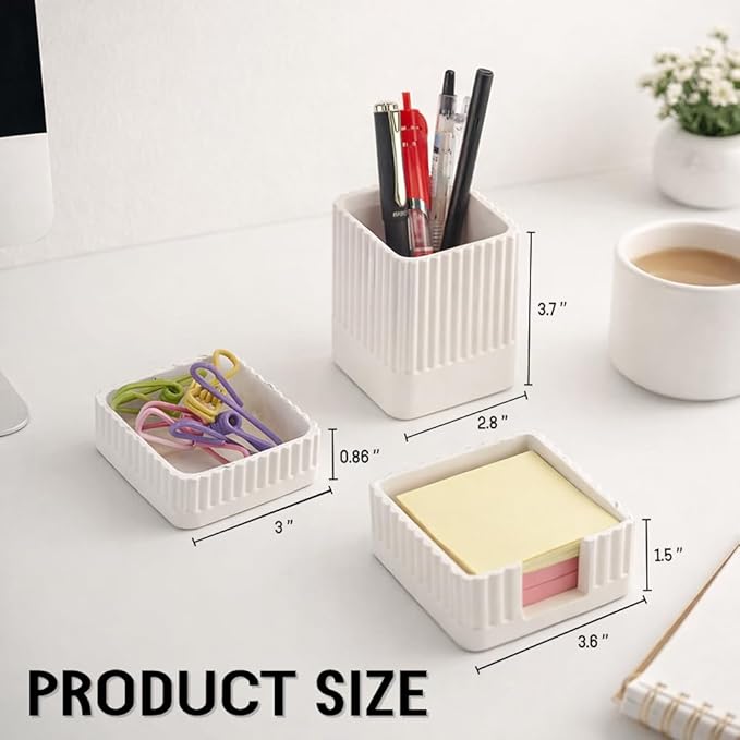 Desk Organizer Set of 3 for Office Accessories - Includes Pen Holder, Paperclip Storage, and Sticky Note Holder - Aesthetic Concrete Desktop Accessories for Women or Men, Office Decor (White)