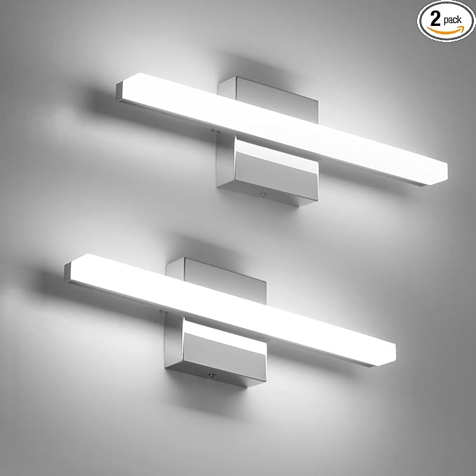 Combuh LED Bathroom Vanity Light Bar 16 Inch 9W IP44 Over Mirror Lighting Fixture Wall Sconces Indoor Modern Cool White 6000K Chrome Set of 2