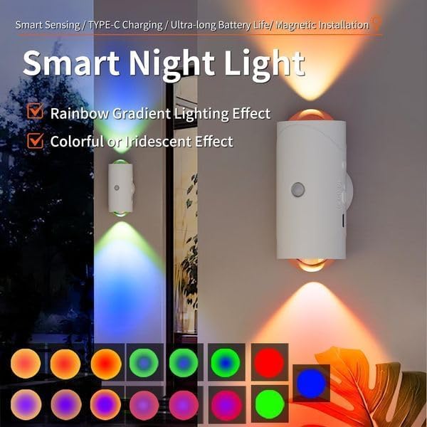 Rechargeable LED Wall Lamp Magnetic Motion Sensor Dimmable Stick on Night Light for Bedroom Closet Under Cabinet Lighting (2, White)
