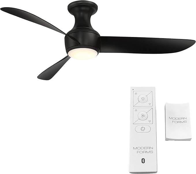 Modern Forms Corona Smart Indoor and Outdoor 3-Blade Flush Mount Ceiling Fan 52in Matte Black 2700K LED Light Kit Google Assistant, Samsung Things, and iOS or Android App