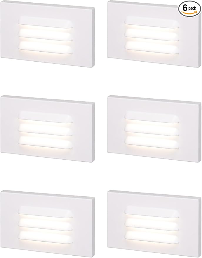 LEONLITE 5CCT 120V LED Step Lights, 3.5W Dimmable Horizontal Louvered Stair Lights Indoor Outdoor, Wet Location, CRI90, ETL, 2700K/3000K/3500K/4000K/5000K, Aluminum, White, Pack of 6