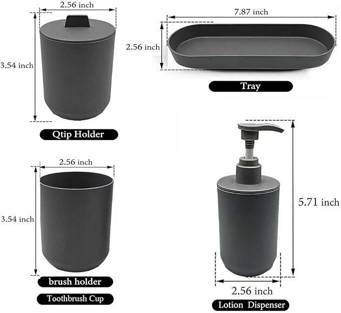 4-Piece Bathroom Accessory Set, Dark Gray Plastic Home Organizer with Toothbrush Holder, Lotion Soap Dispenser, Qtip Holder & Vanity Tray – Modern Home Decor for Any Bathroom