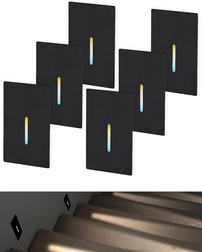 LEONLITE Indoor LED Step Light, 5CCT 120V Dimmable Pin Hole Stair Lights, Anti-Glare 30° Streamlined Lighting Effect for Staircase Bedroom, CRI90, ETL, Black, Vertical, Pack of 6