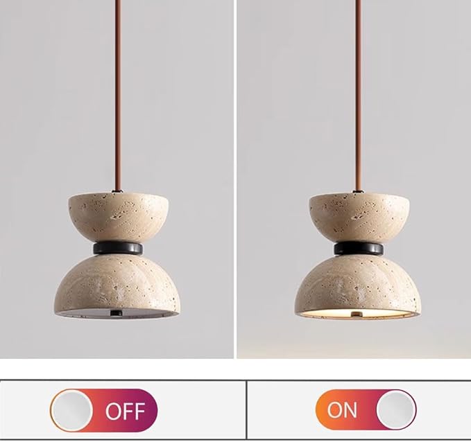Double-Layer Natural Stone Bowl-Shaped Chandelier 5.9-inch Japanese Wabi-Sabi Style Lighting Fixture Indoor Yellow Travertine Chandelier Suitable for Bedside Tables, Dining Rooms,