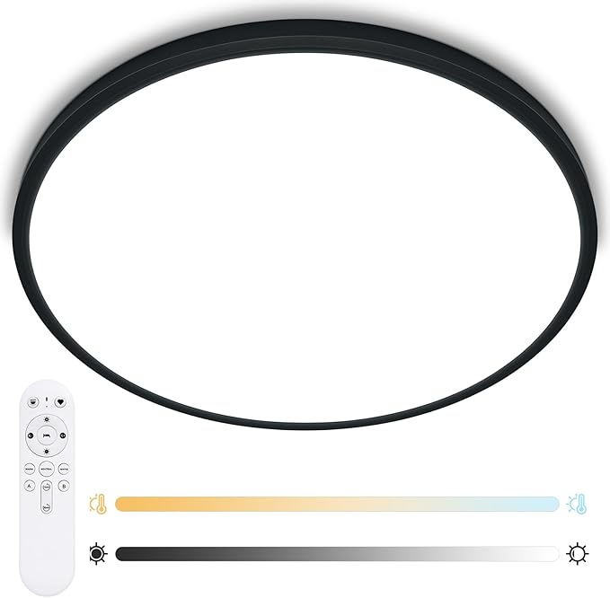 24 Inch Large LED Flush Mount Ceiling Light Fixtures - 56W Dimmable Kitchen Ceiling Light with Remote, 5600lm, 3000K/4500K/6000K Adjustable LED Ceiling Lamp for Bedroom, Black