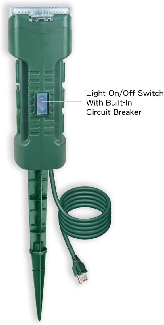 Outdoor Power Stake with Photocell Timer 2/4/6/8 Hour Countdown, Dusk to Dawn, 6 Grounded Outlets 6FT Cord, UL Listed, Green