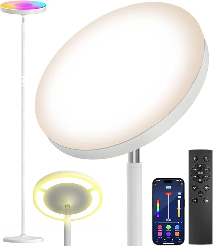 Keepsmile Double Side Lighting White Led Floor Lamp with Remote Smart App 36W 2600LM Bright Tall Standing RGB Angle Multicolor Dimmable Modern Lamps, (KS.FF.A.024W.FC.001)