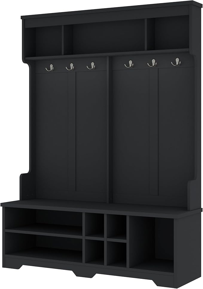 Modern Hall Tree with Metal Hooks and Storage Space, Wood Multi-Functional Entryway Coat Rack with Shoe Cubbies for Hallway Living Room Bedroom (Black/r11)