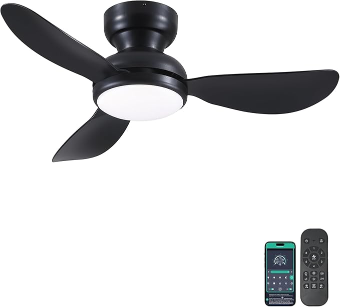 36 Inch Flush Mount Ceiling Fan with Light, 3 Reversible Blades, Remote & APP Control, 3 CCT Dimmable for Bedroom Living Room, Black