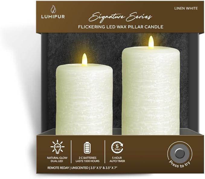 LumiPur Signature Natural Glow Flameless Wax Pillar 2 Pack LED Candle 3.5" x 5" and 3.5" x 7" Linen White