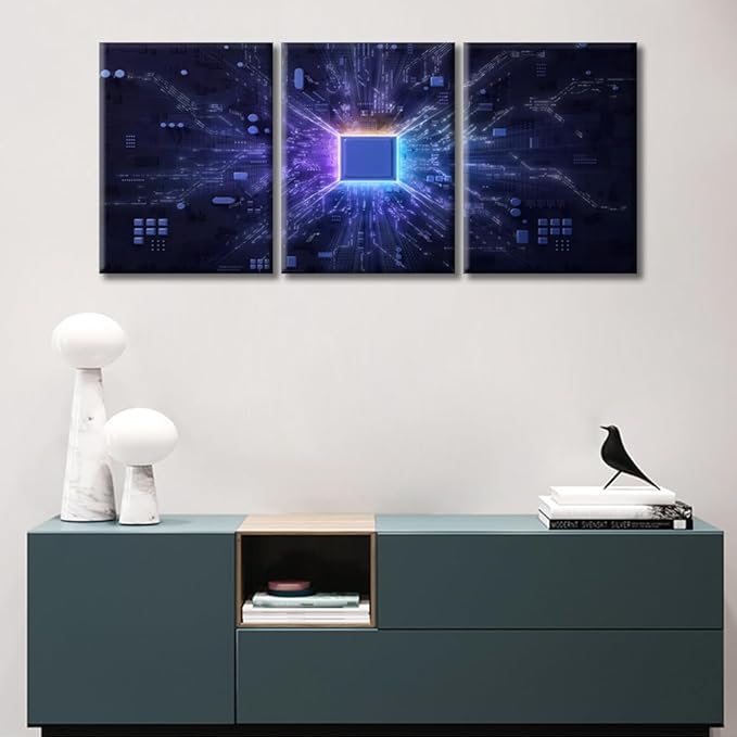 TUMOVO Computer Processors CPU Modern Home Decor 3 Panels Technology Science Poster Artwork Pictures Canvas Wall Art for Bedroom, Living Room, Office. Ready to Hang (36" Wx16 H)