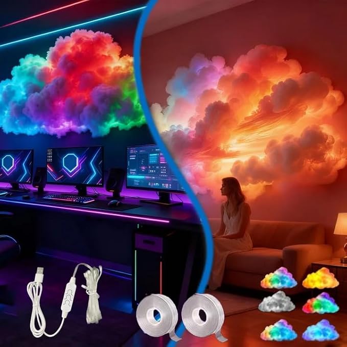 LED Cloud Light RGB Mood Lamp - USB Powered Voice Activated & Music Rhythm Sync, Dynamic Color Changing Ambient Lighting for Gaming Room/Bedroom/Bar/Party/Streamer Setup (LED 158in/400cm)