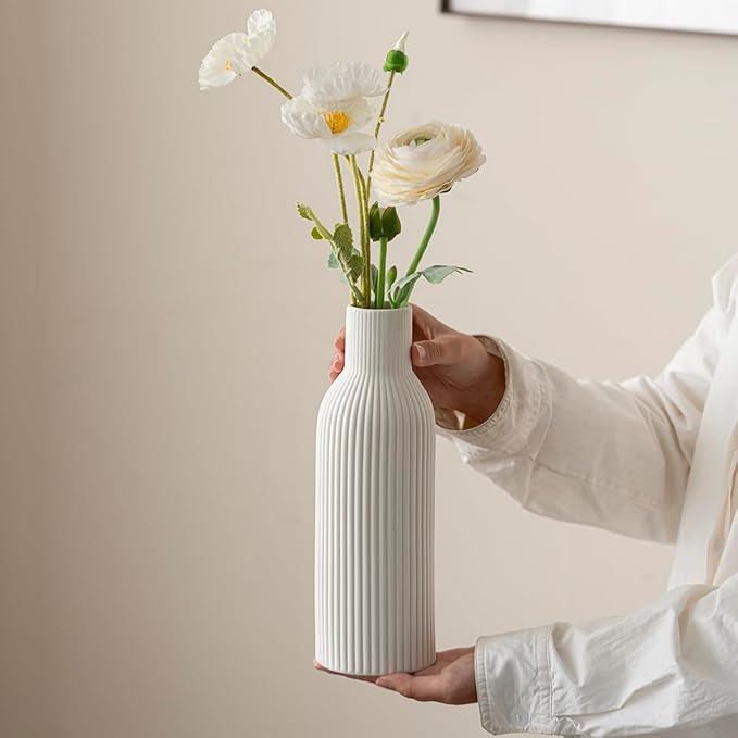 Modern Ceramic Vases Set of 3, White Ribbed Decorative Vases, Shelf Table Centerpiece for Home Decor, Birthday Gifts for Women, Mom, Grandma Decorative (White)