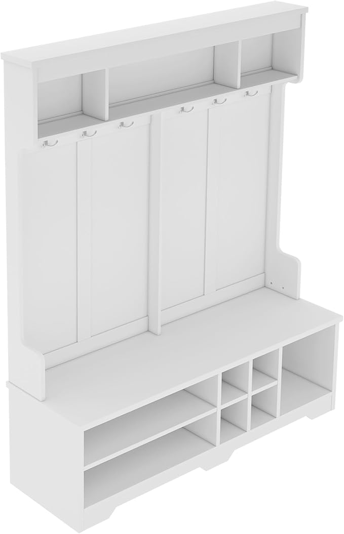 Modern Hall Tree with Metal Hooks and Storage Space, Wood Multi-Functional Entryway Coat Rack with Shoe Cubbies for Hallway Living Room Bedroom (White/r11)