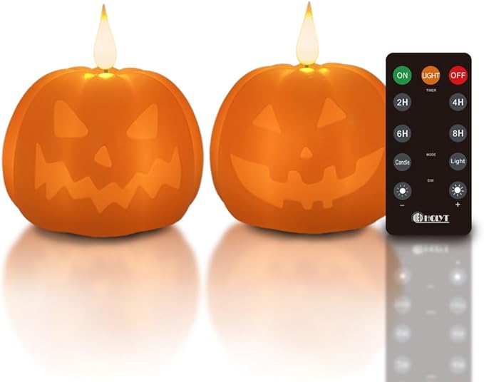 Rechargeable Flameless Candle, Flameless Pumpkin Candle with Timer Remote,LED Real Wax Pumpkin Lamp,Room Bedroom Table Decor, 1 Set of 2
