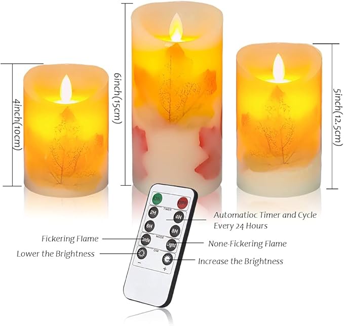 Maple Leaf Flameless Candles Flickering Battery Operated Decorative Candles Set Pack of 3(D: 3" x H: 4" 5" 6") LED Candles with Remote Control Timer (Maple Leaf Candles)