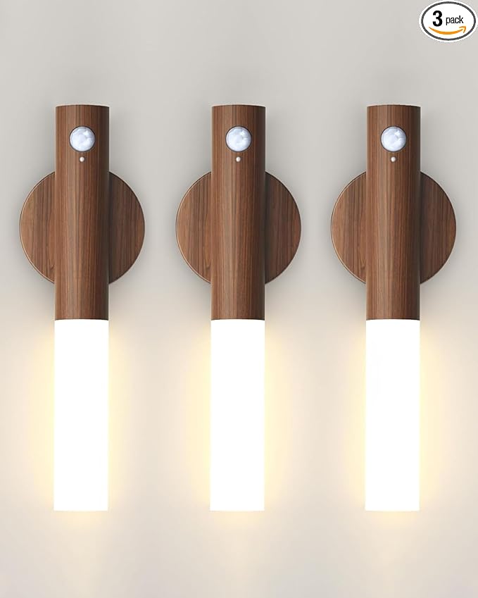Battery-Operated Motion Sensor Night Lights: 2200mAh Rechargeable Wall Sconces Magnetic Wall Lights Wireless Stairway Lights Portable Hallway Light Wooden Wall Lighting for Bedroom Stair Picture