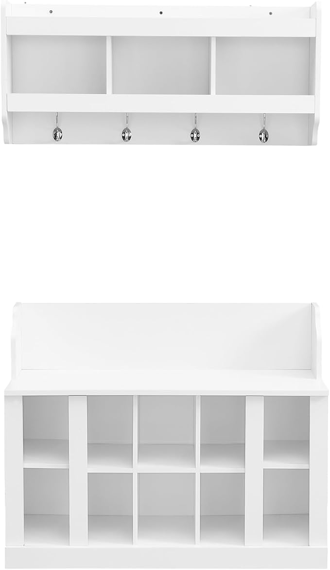 AMNOOL Modern Hall Tree with Shelves and 4 Hooks with Wall Mounted Coat Rack Shoe Storage Bench with Ten Storage Compartments Adjustable Shelves for Hallway, Foyer, Mud Room (White)