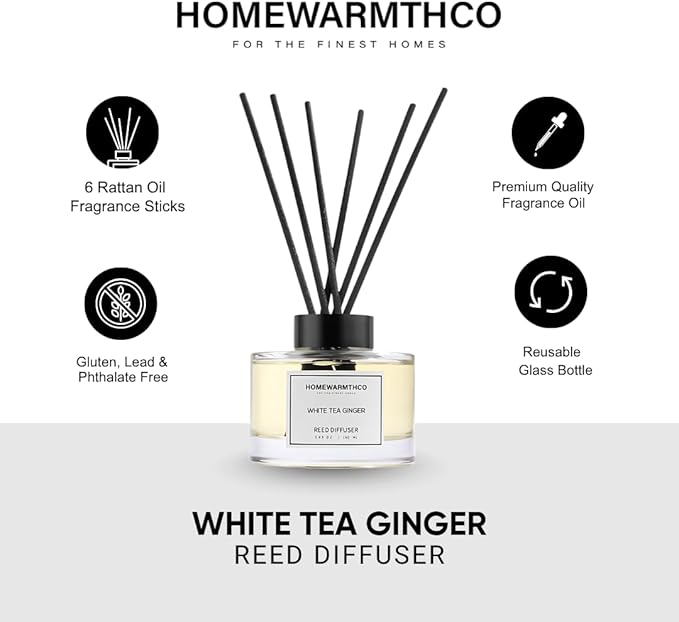 White Tea Reed Diffuser Set (5.63 oz) - Luxury Fragrance Stick Reed Diffusers for Kichen, Home, Office & Bathroom Shelf Decor, Long-Lasting Scent Sticks Diffuser with Non-Toxic Oils, Idea