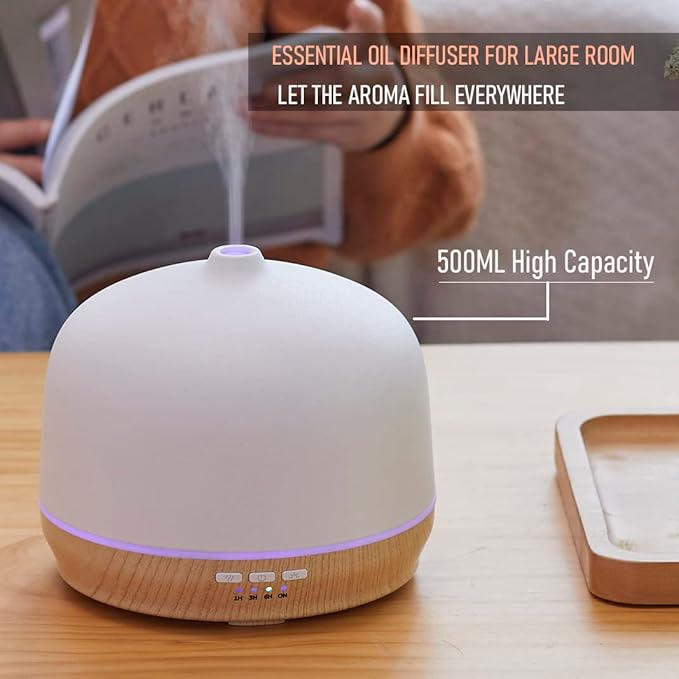 Ceramic Essential Oil Diffusers for Home Large Room, Aromatherapy Scent Air Diffuser Ultrasonic Aroma Defusers 500ml with Timed—Wood