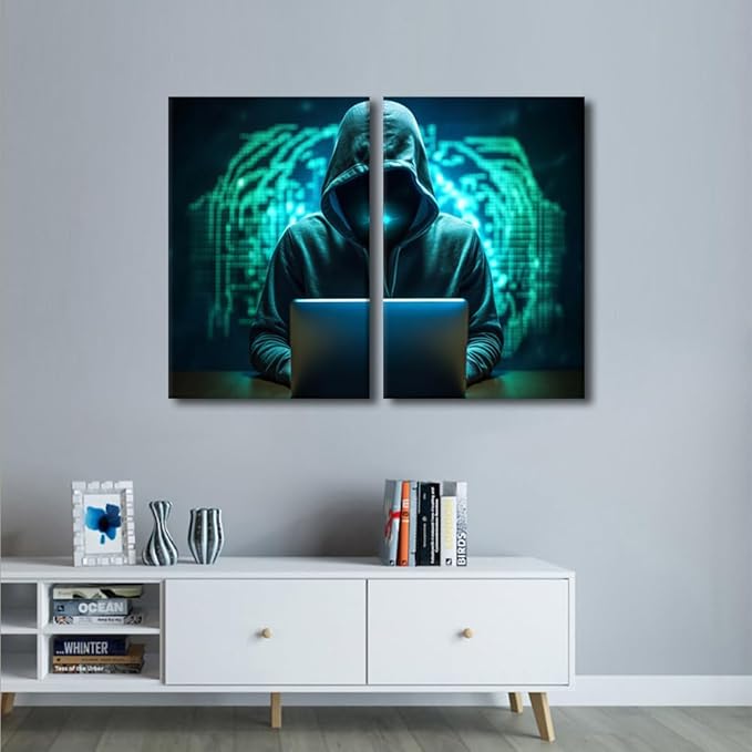 TUMOVO 3 Pieces Hacker Malware Canvas Wall Art Minimalism Prints AI Big Data Wall Decor Home Picture for Bedroom Living Room Elderly Paintings Posters Framed Ready to Hang, 24" Wx16 H