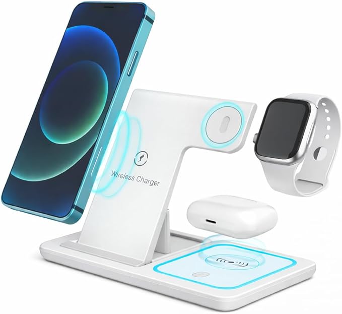 Fast Charging Wireless Charger Station 3 in 1 Multiple Devices Dock 15W Compatible with Any Devices with Wireless Charging Capability Phone, Watch and Earbuds. (White)