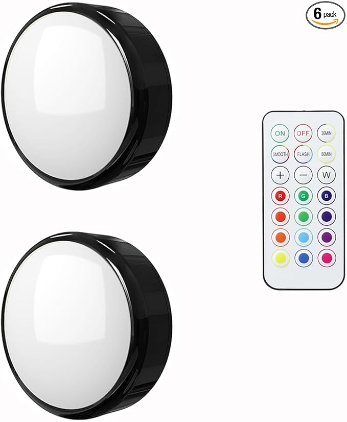 Battery Operated LED Push Lights with Wireless Remote, 13 Color RGB - for Closet, Bedroom Wall, Under Cabinet, Battery Powered Puck Lights. Convenient 3M Stick On(Black, 2-Packs)