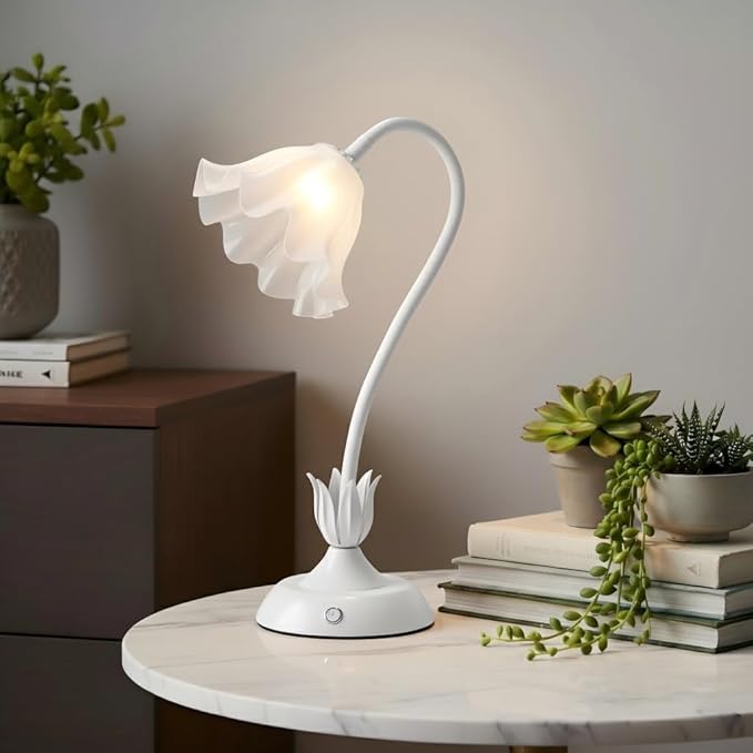 Cordless Flower Table Lamp White, Valentine‘s Gift, 5200-mAh Rechargeable Touch Lamp, 3-Way Dimmable, Build-in Integrated LED 320 Lumen Max, for Nightstand Bedroom Living Room