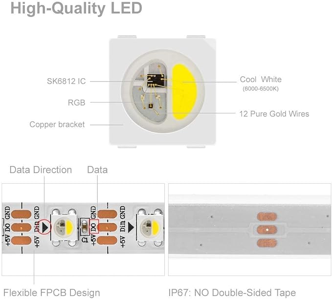 BTF-LIGHTING RGBW RGB+Cool White SK6812 (Similar WS2812B) 4 Colors in 1 LED Strip Individually Addressable 16.4ft 60Pixel/m 300LED Light Dream Color IP67 DC5V White PCB (No Adapter or Controller)