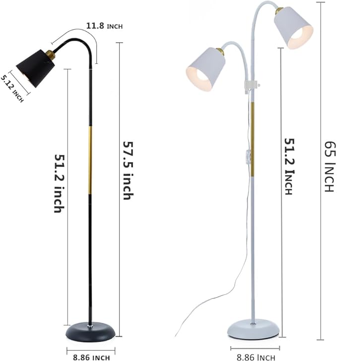 AoMck Floor Reading Lamp, Industrial Metal Floor Lamps for Living Room with Adjustable Bendable, 2 in 1 Reading Table Lamps for Living Room Bedroom Office, 12W Bulbs Included (White-2 Heads)