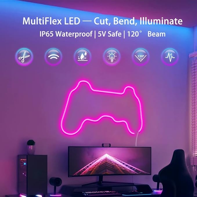 USB 5V RGB LED Neon Strip Lights with APP/Remote Control, IP65 Waterproof Music Sync Color Changing Lights for Bedroom, TV Backlight, Party Decor - Dynamic Modes & Easy Installation (16.4FT)