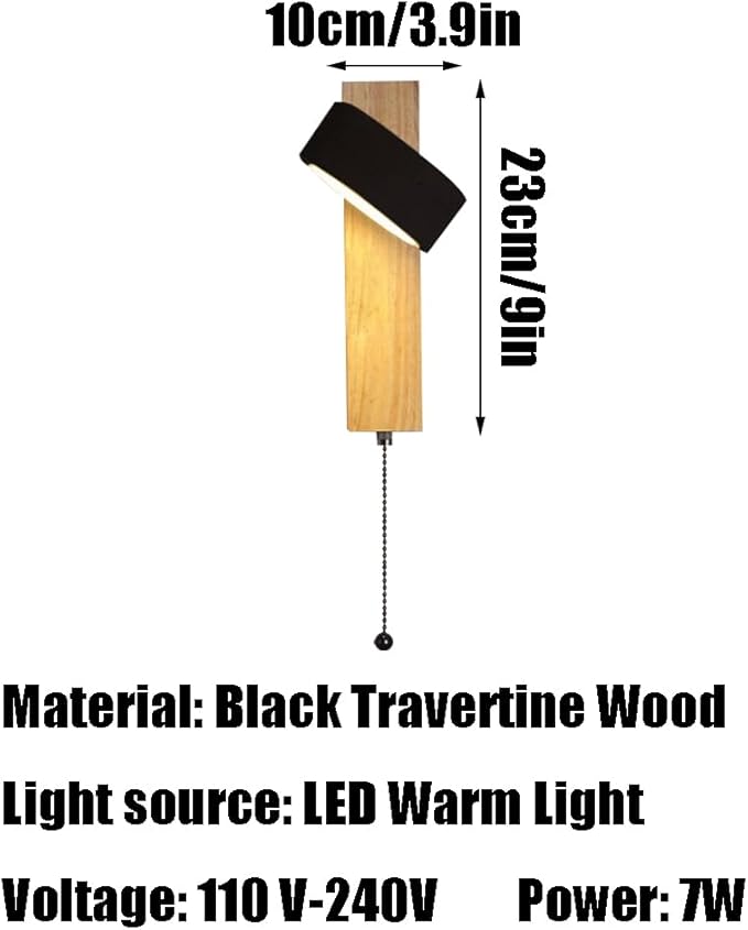 7W LED Black Travertine Wall Light, Wabi Sabi Style Wall Lamp, Natural Stone Wood Base Wall Sconce with Zipper Switch, Bedroom Living Room Balcony Wall Mounted Light Fixtures