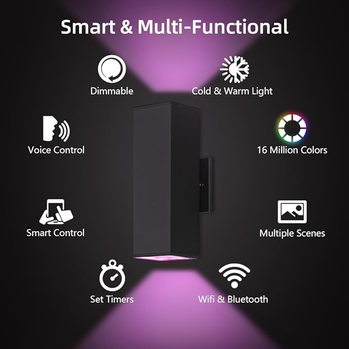 KIZON Smart Porch Lights 2 Pack, Modern Dusk to Dawn Exterior Lighting Fixtures Color Changing App Control with Remote, Dimmable RGB Outdoor Wall Lights for House Patio Garage Theater, ETL Listed