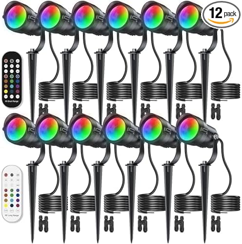 HIBOITEC RGBW Low Voltage Landscape Lighting 12Pack 12W with Remote Connectors Spotlights Landscape Lights 12-24V AC/DC Waterproof for House Yard Trees Outdoor Christmas(Transformers NOT Included)