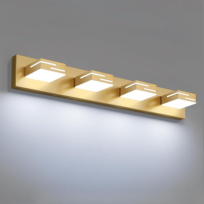 LED Modern Bathroom Vanity Light Fixtures, 4-Light 28-inch Dimmable Gold Vanity Lights for Bathroom Lighting Fixtures Over Mirror, with 350° Rotatable Heads (Cool White 6000K)