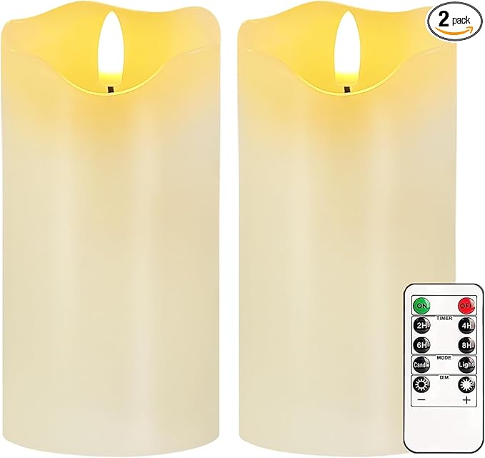 VEEKI Flameless Candles Light, Set of 2 6"x3" Flickering LED Candles with Remote & Timer, Dimmable Real Wax Electric Pillar Candles Battery Operated, White Candles for Home Christmas Decor (White)